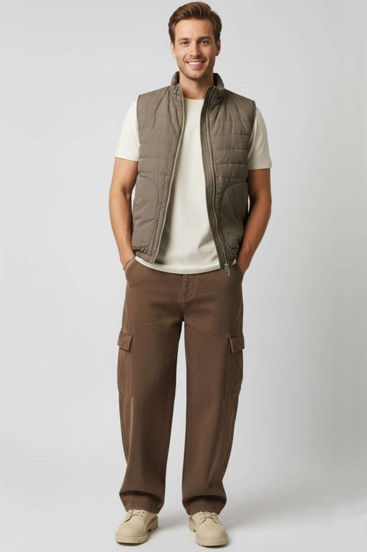 Fermuarlı Çift Cepli Erkek Yelek Kahve
