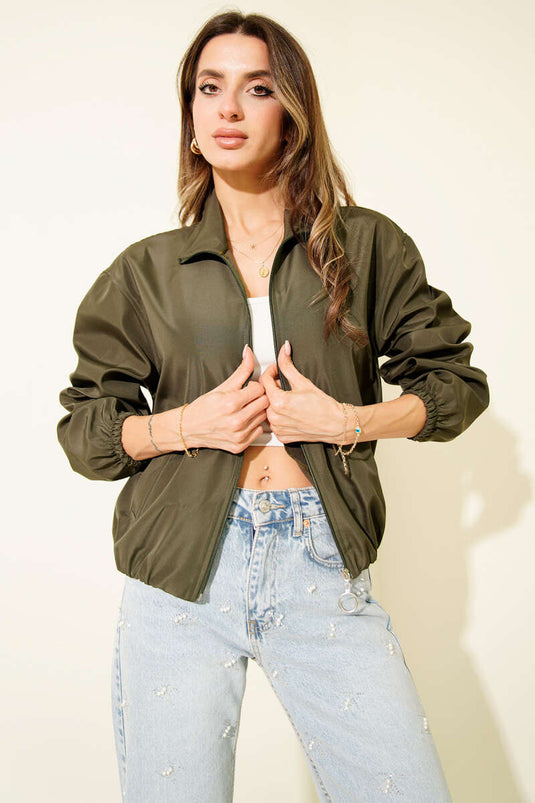 Short Jacket with Double Zipper Pockets, Khaki