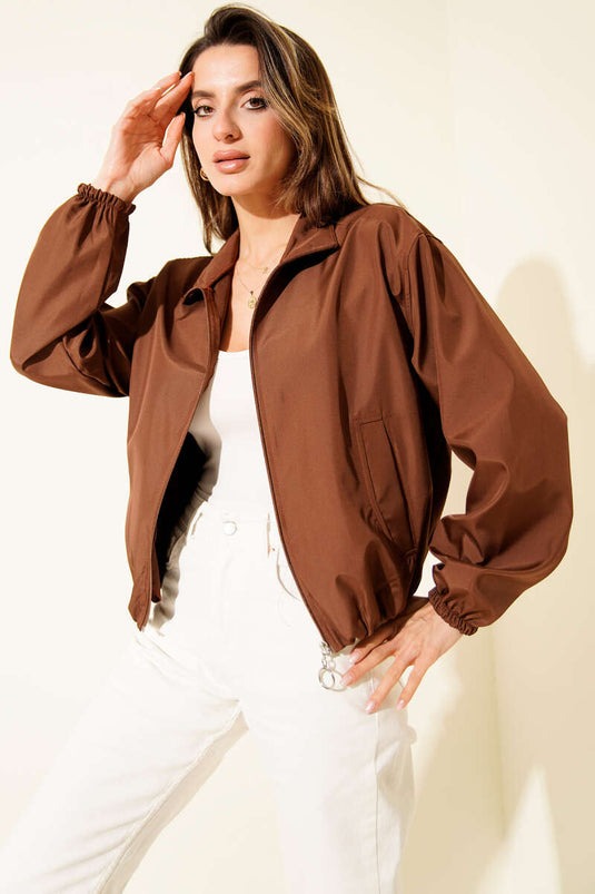 Short Jacket with Double Zipper Pockets, Brown