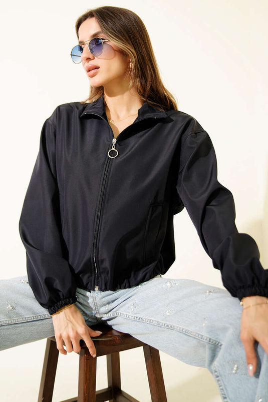 Navy Short Jacket with Double Zipper Pockets