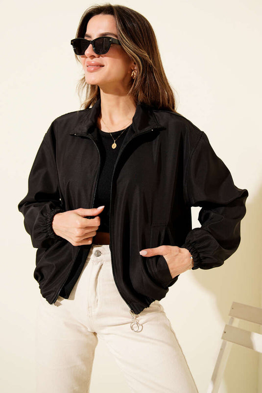 Short Jacket with Double Zipper Pockets, Black