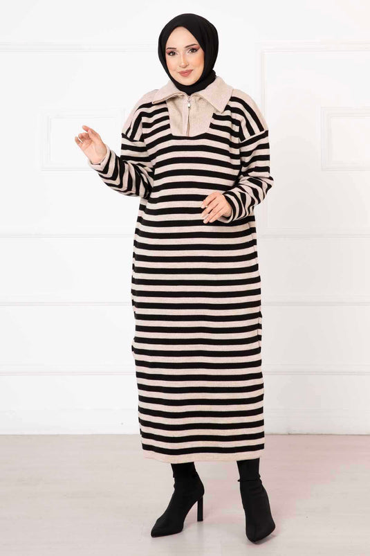 Zippered Striped Knit Dress Ecru