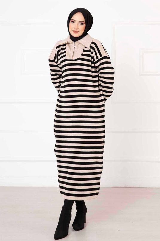 Zippered Striped Knit Dress Ecru