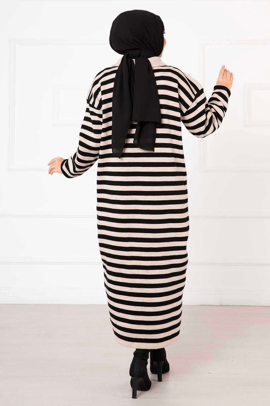 Zippered Striped Knit Dress Ecru