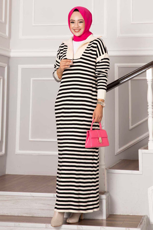 Zippered Striped Knit Dress Cream-Black