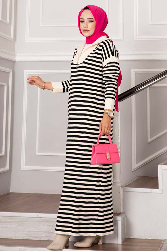 Zippered Striped Knit Dress Cream-Black