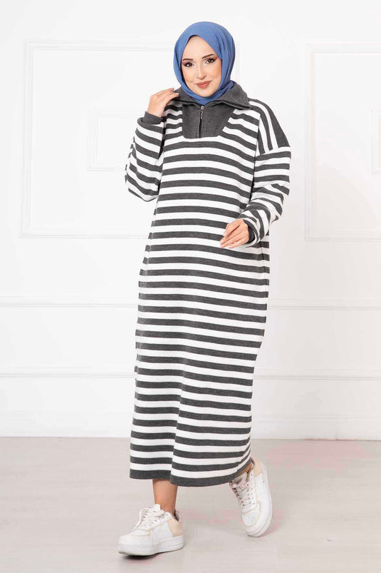 Zippered Striped Knit Dress Gray