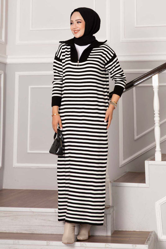 Zippered Striped Knit Dress Black