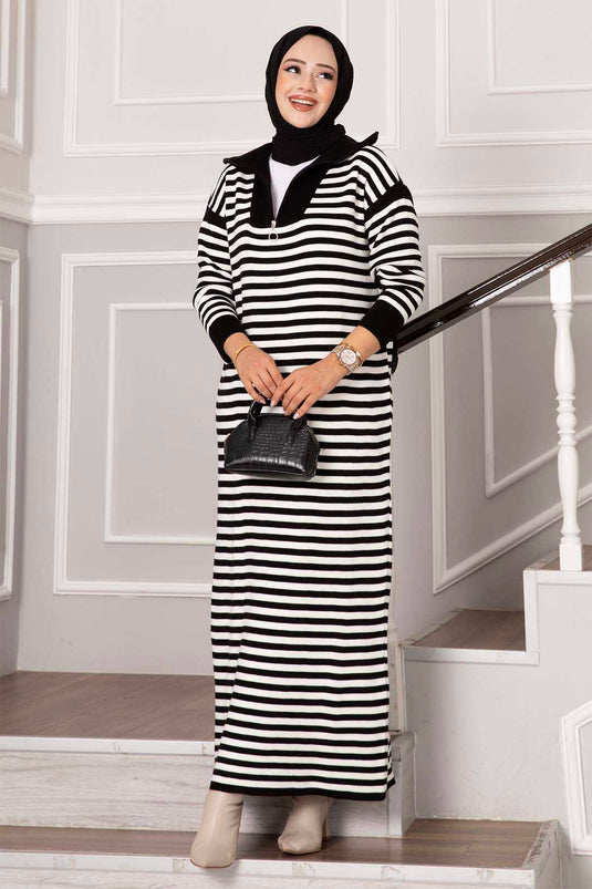 Zippered Striped Knit Dress Black