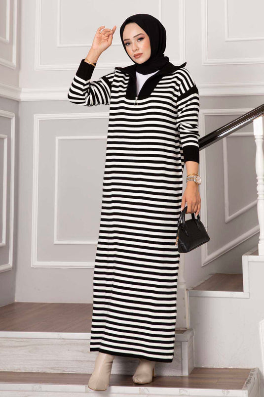 Zippered Striped Knit Dress Black