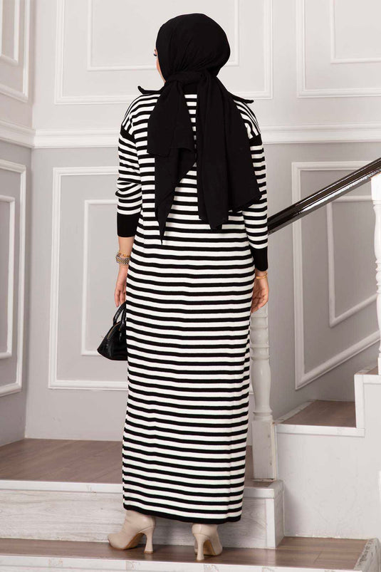 Zippered Striped Knit Dress Black