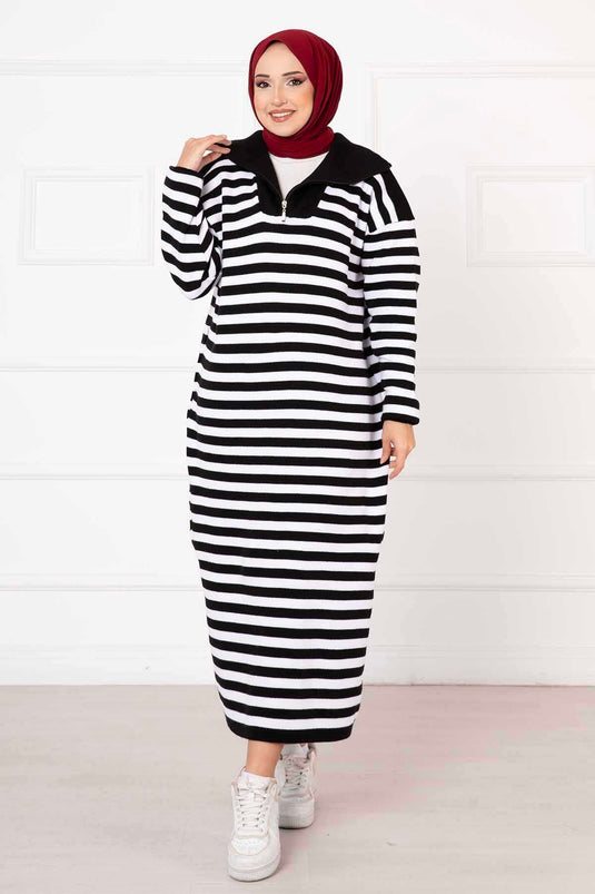 Zippered Striped Knit Dress Black