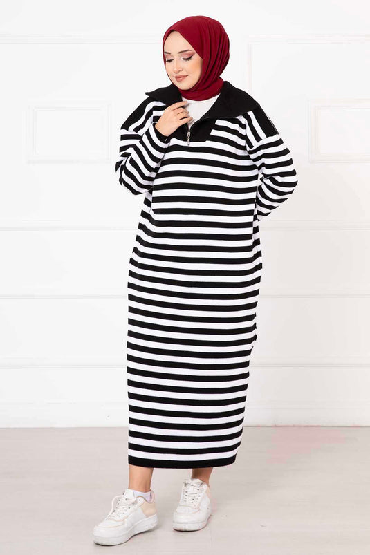 Zippered Striped Knit Dress Black