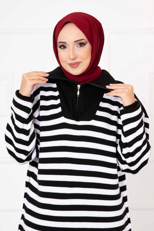 Zippered Striped Knit Dress Black