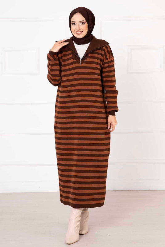 Zippered Striped Knit Dress Tan