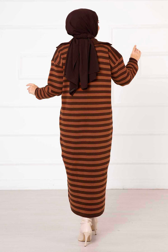 Zippered Striped Knit Dress Tan