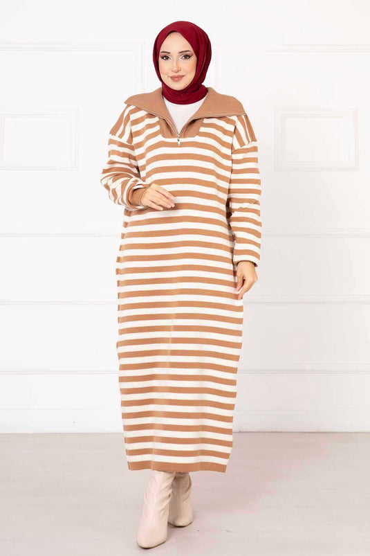 Zippered Striped Knit Dress BEIGE