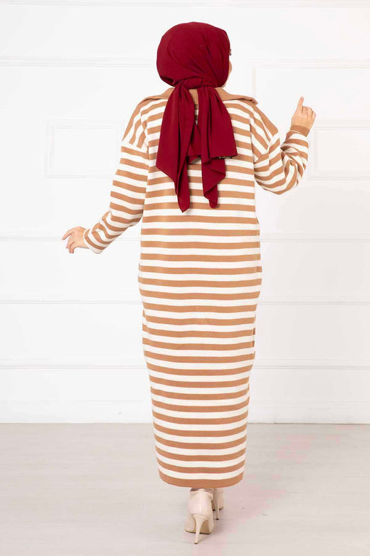 Zippered Striped Knit Dress BEIGE