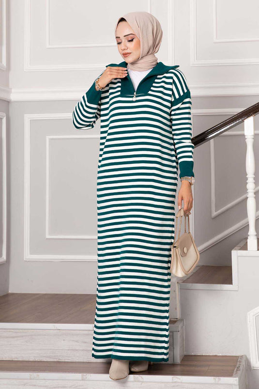 Zippered Striped Knit Dress Emerald