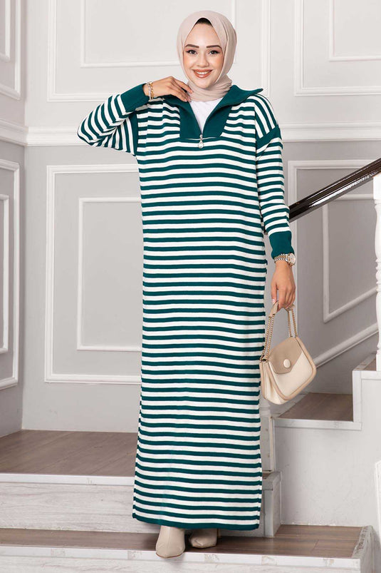 Zippered Striped Knit Dress Emerald