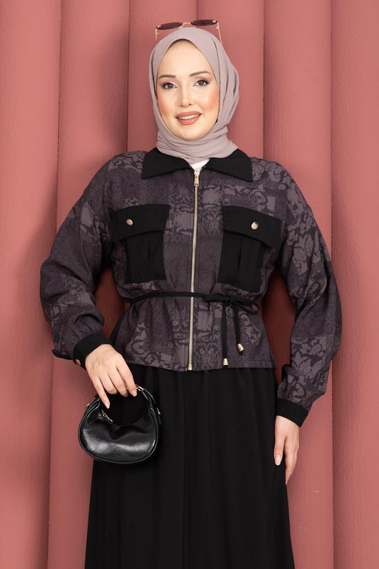Fermuarlı Crop Ceketli Etekli Takım Mürdüm