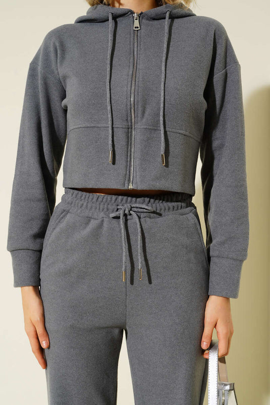 Zip-up Crop Two-Piece Set Grey