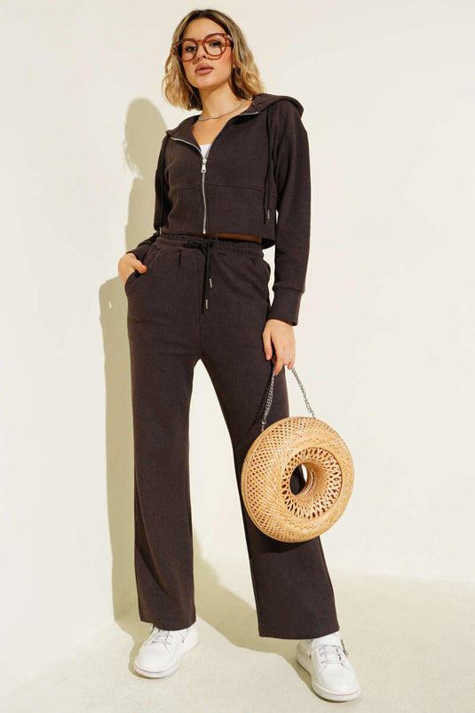 Zip-up Crop Two-Piece Set, Coffee