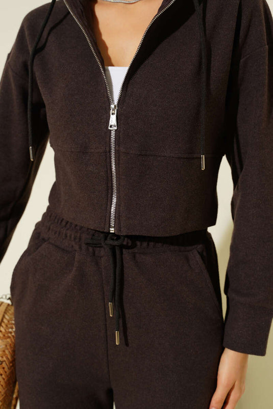 Zip-up Crop Two-Piece Set, Coffee