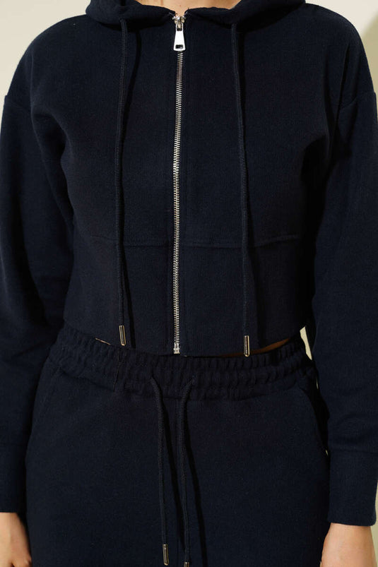 Zip-up Crop Two-Piece Set, Navy Blue