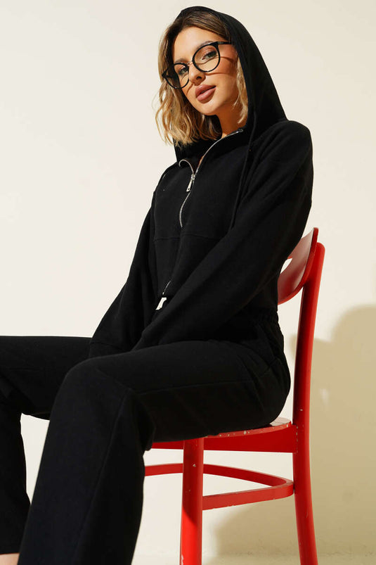 Fermuarlı Crop İkili Takım Siyah