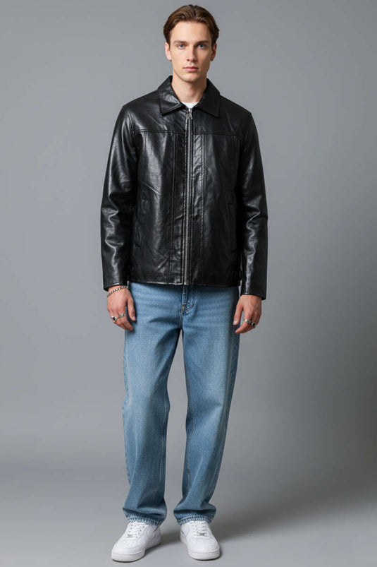 Fermuarlı Deri Erkek Mont Siyah