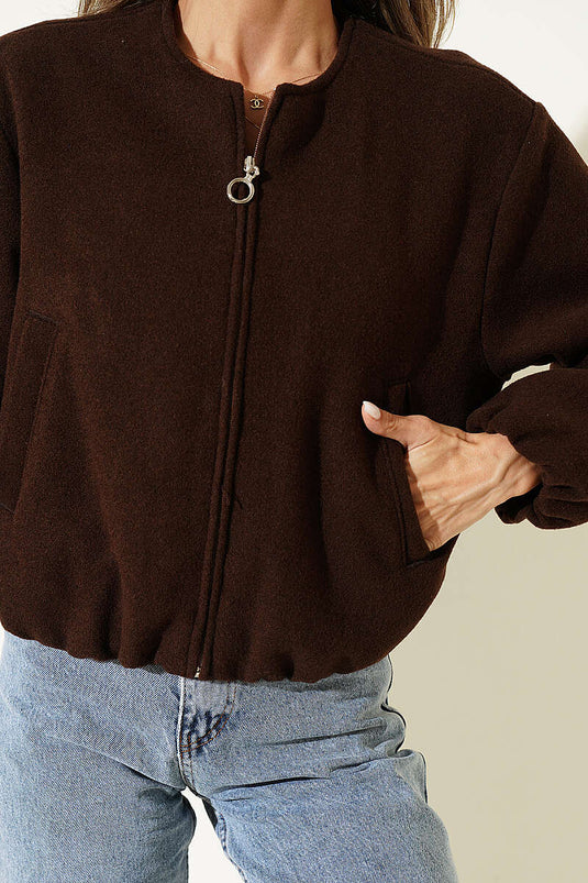 Zippered Detail Wool Coat In Coffee