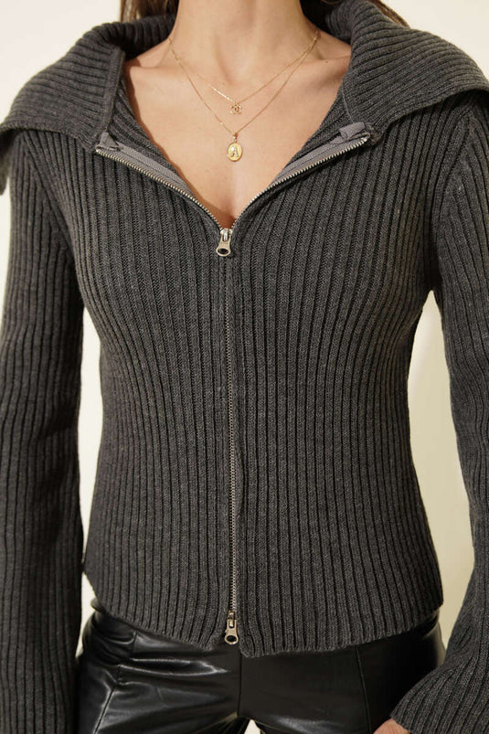 Cardigan lavorato a maglia con cerniera, grigio scuro