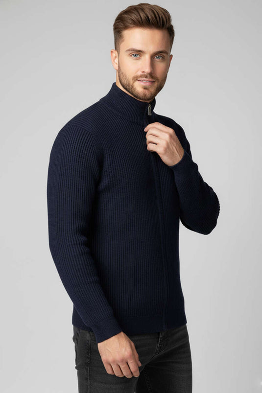 Gilet en maille à col montant zippé pour homme, bleu marine
