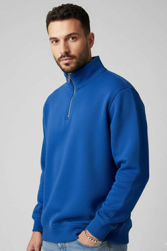 Sweat-shirt bleu marine à fermeture éclair et col montant, trois fils