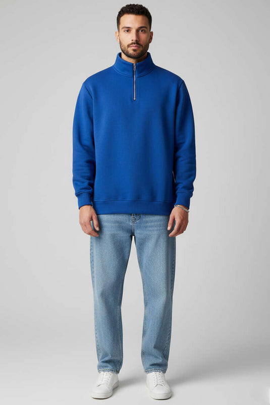 Sweat-shirt bleu marine à fermeture éclair et col montant, trois fils