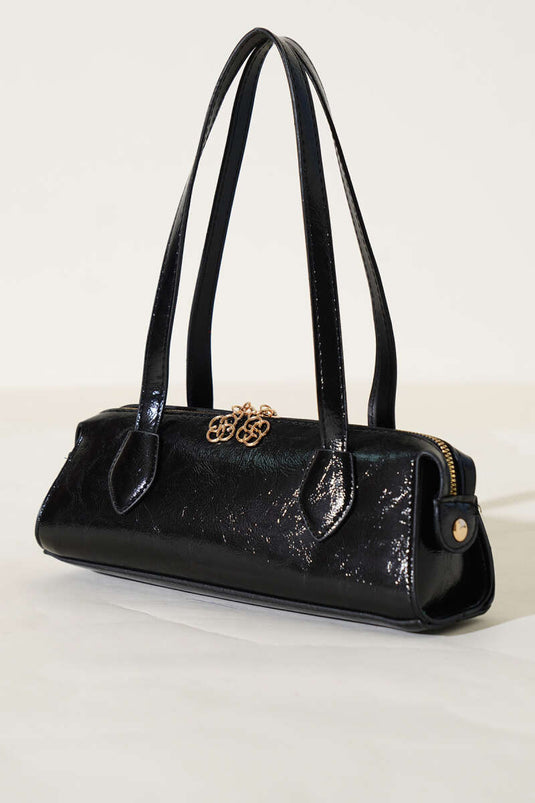 Zippered Rectangular Patent Leather Bag Black