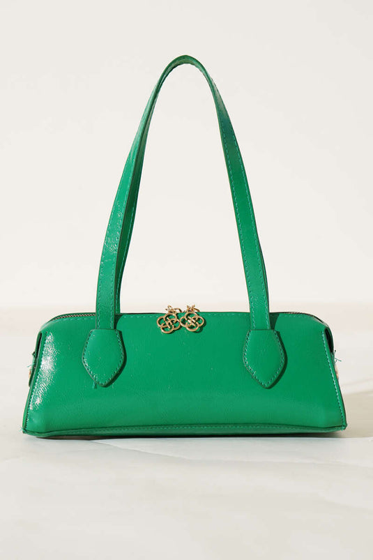 Borsa rettangolare in pelle verniciata con cerniera verde
