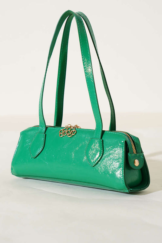 Sac rectangulaire en cuir verni vert avec fermeture éclair