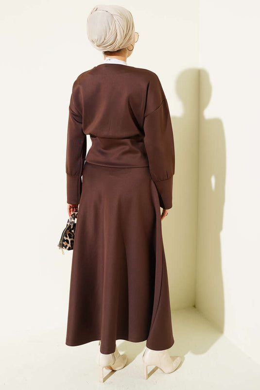 Zip-up Skirt and Scuba Two-Piece Set, Coffee