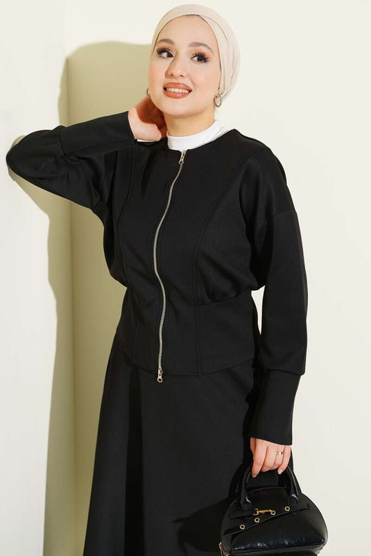 Zip-up Skirt and Scuba Two-Piece Set, Black