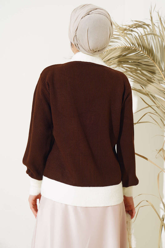 Cardigan En Maille Côtelé Zippé Marron