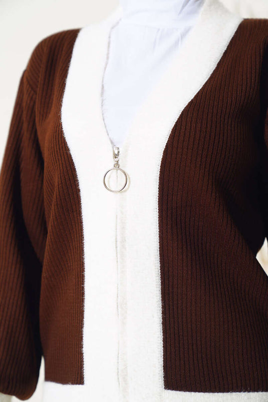 Cardigan En Maille Côtelé Zippé Marron