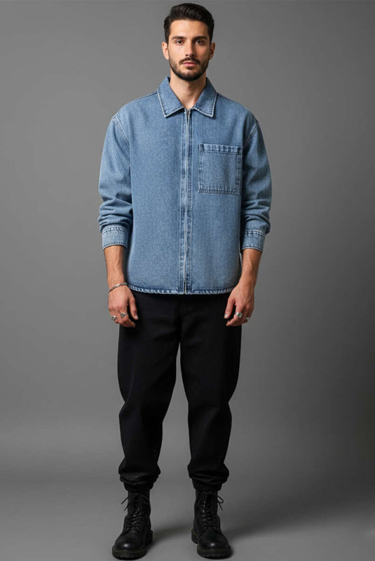 Chemise en gabardine pour homme avec fermeture éclair, bleue