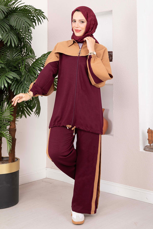 Ensemble Sport Deux Pièces En Tricot Avec Fermeture Bordeau