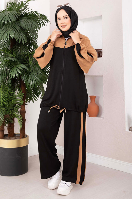 Ensemble Sport Deux Pièces En Tricot Avec Fermeture Noire