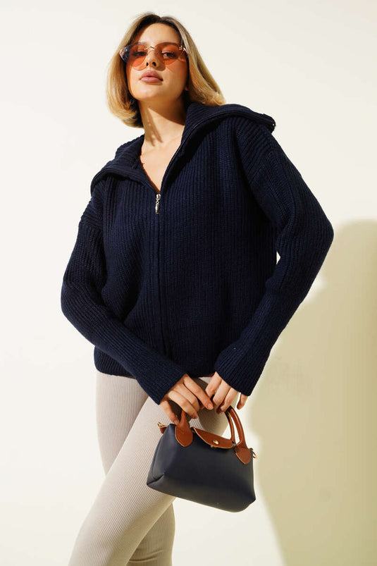 Navy Blue Wide Knit Cardigan with Zipper