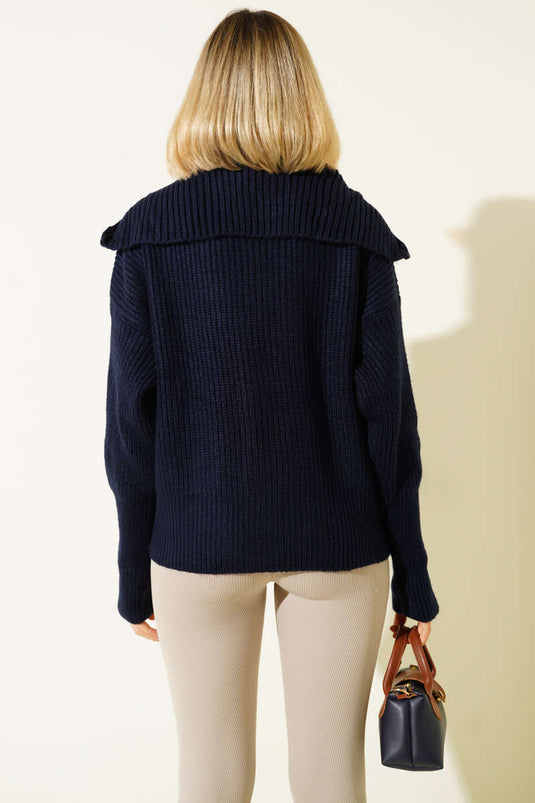 Cardigan largo in maglia blu navy con cerniera