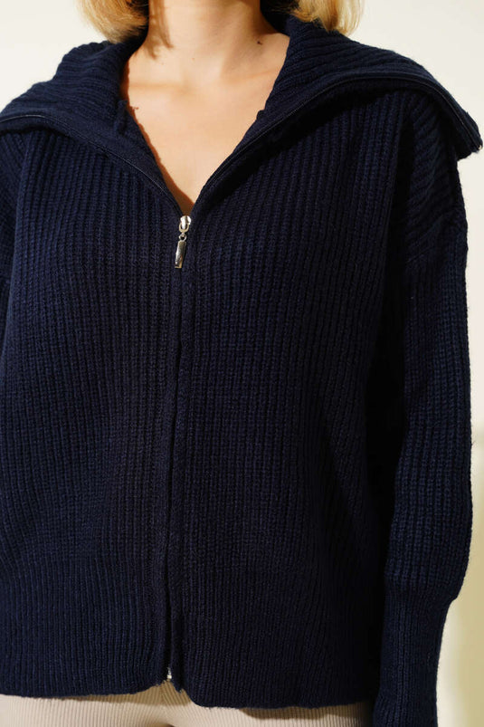 Navy Blue Wide Knit Cardigan with Zipper