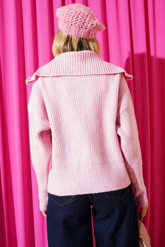 Cardigan largo in maglia rosa con cerniera
